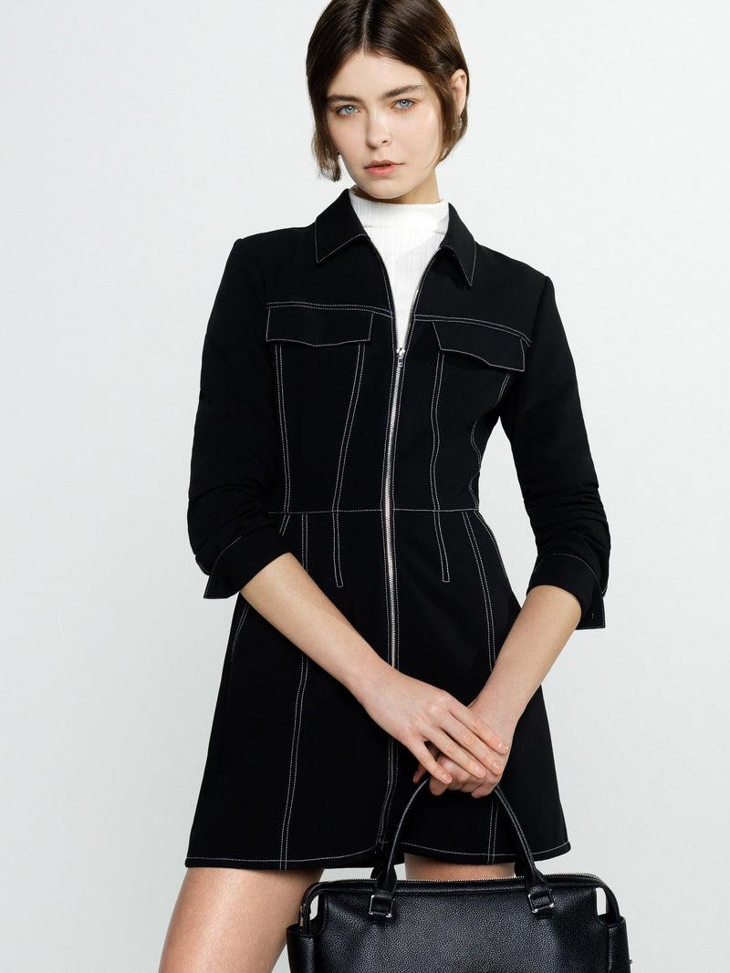 french connection Azra Twill Contrast Stitching Mini Dress Black