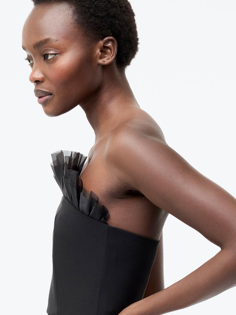 French Connection Bandeau Organza Mix Frill Midi Dress Black