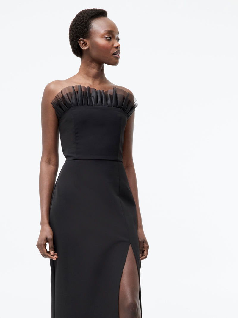 French Connection Bandeau Organza Mix Frill Midi Dress Black