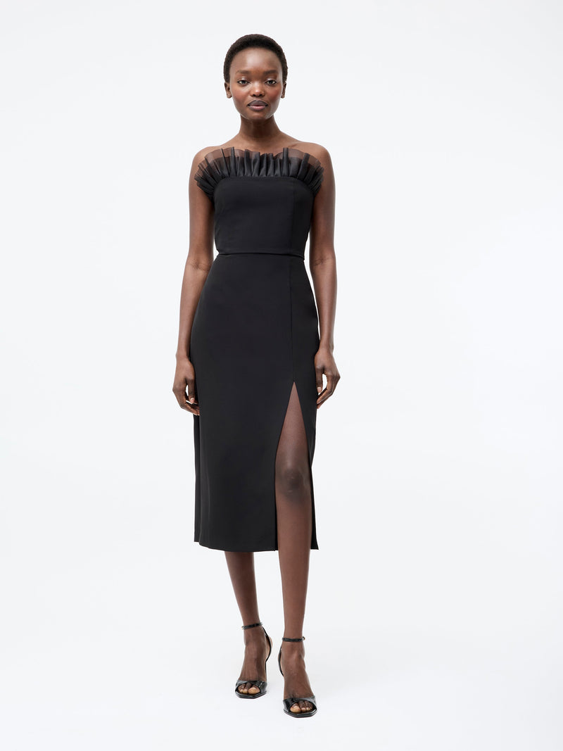french connection Bandeau Organza Mix Frill Midi Dress Black