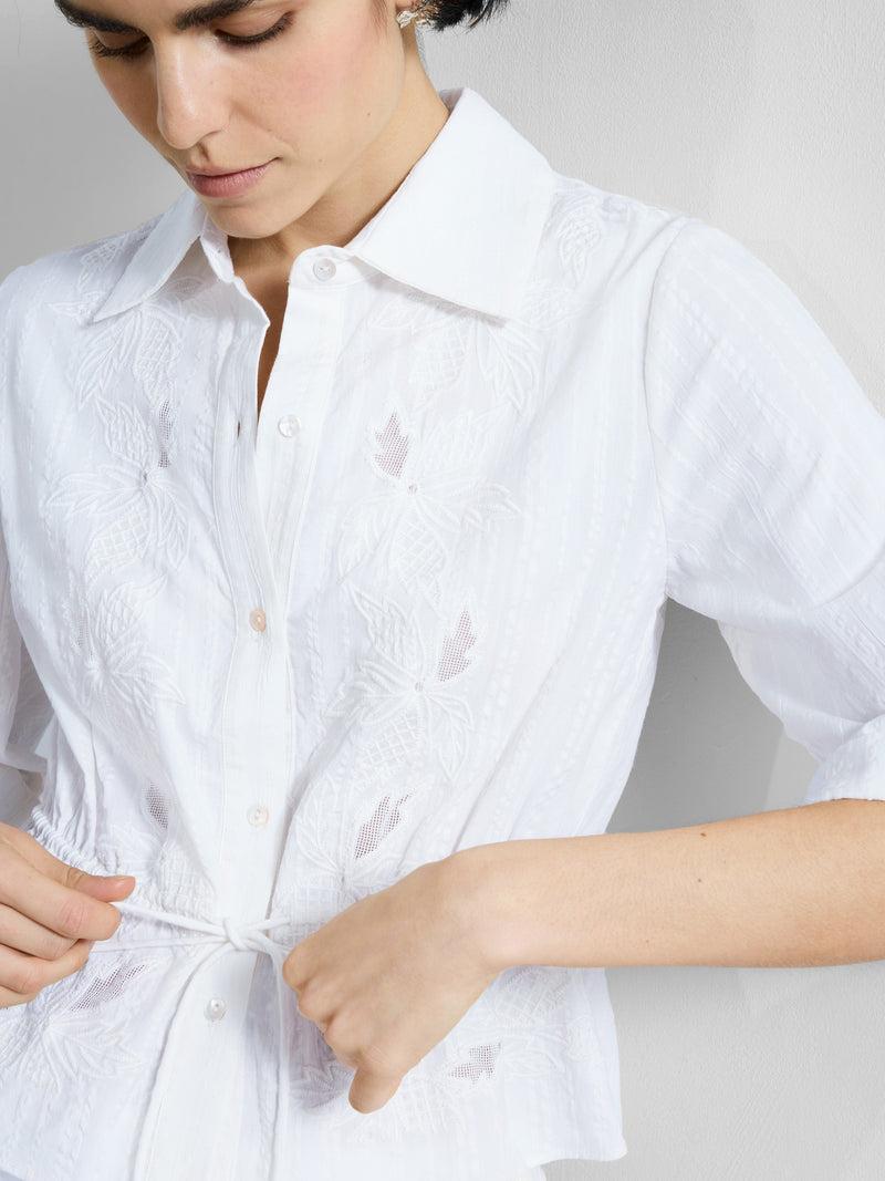 French Connection Barnet Cotton Striped Embroidered Shirt Linen White