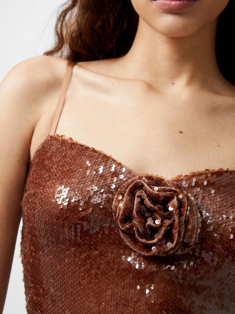 French Connection Beatrice Sequin Strappy Corsage Maxi Dress Brown Sequin