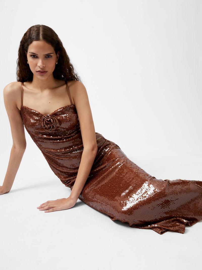 french connection Beatrice Sequin Strappy Corsage Maxi Dress Brown Sequin