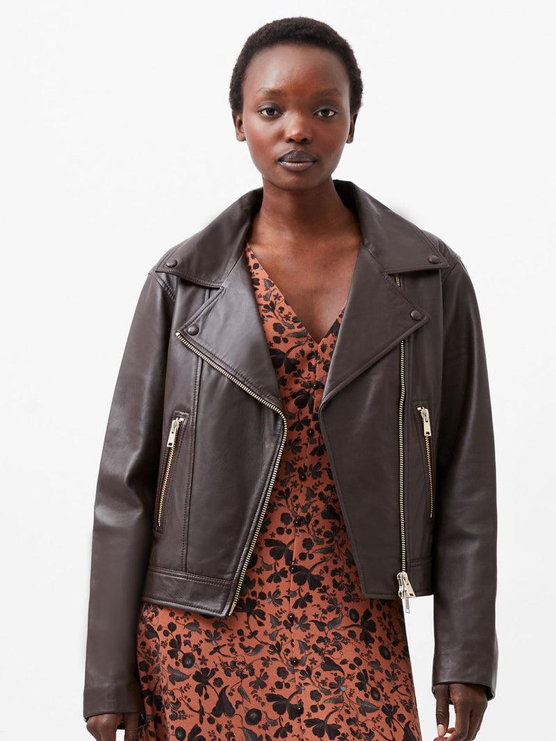 french connection Becket Leather Military Jacket Chocolate Ganache