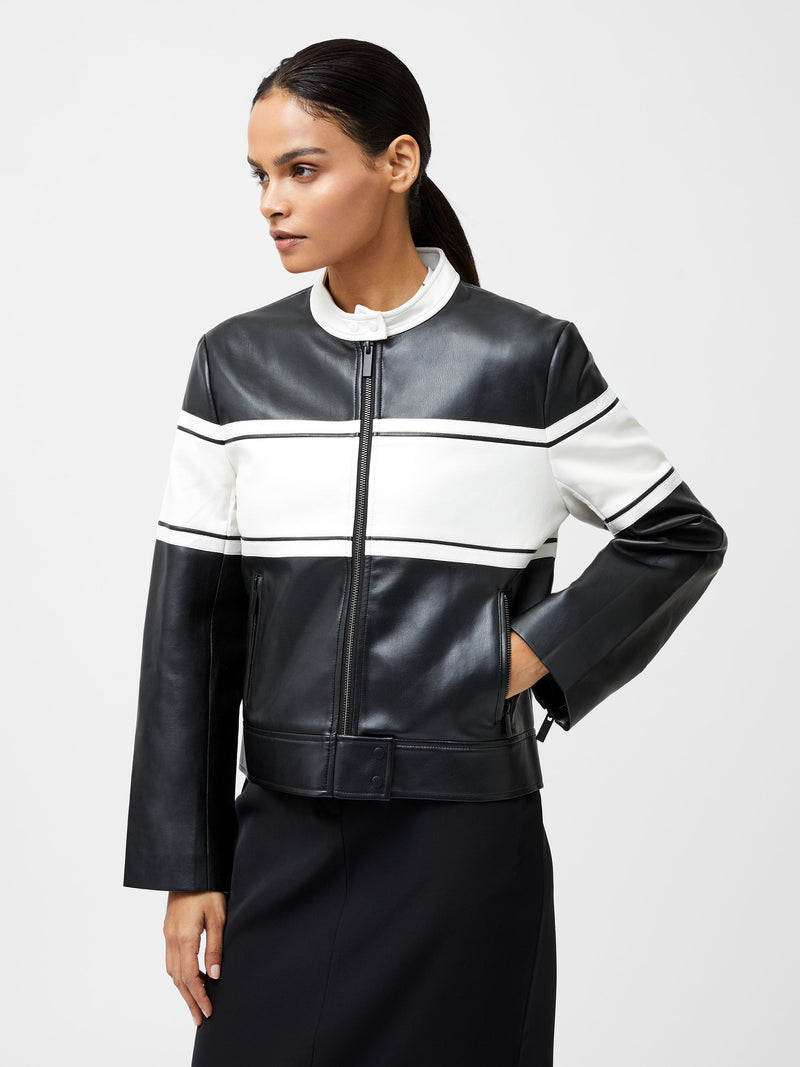 french connection Berkely Racer PU Leather Jacket Black/Cream