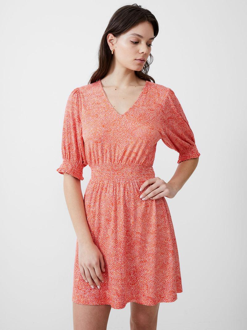 French Connection Bernice Shirred Mini Dress Mandarin/Seapink/Ivr