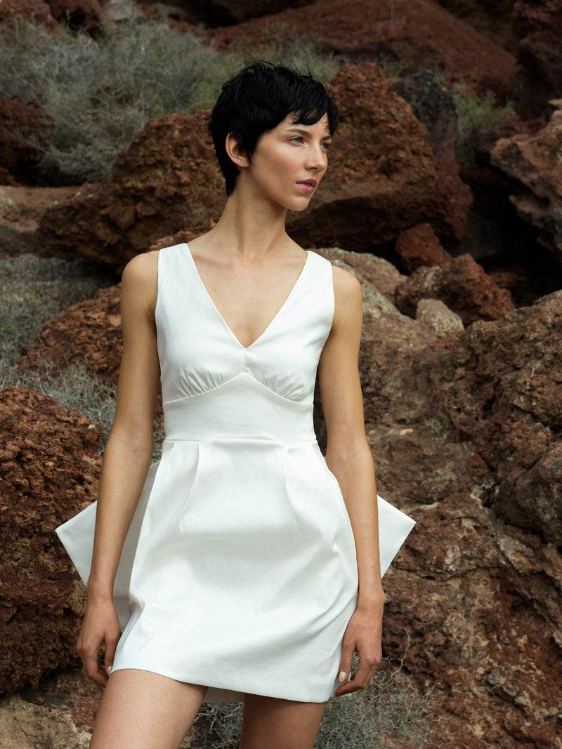 French Connection Beverly Satin Sleeveless Bow Mini Dress Summer White