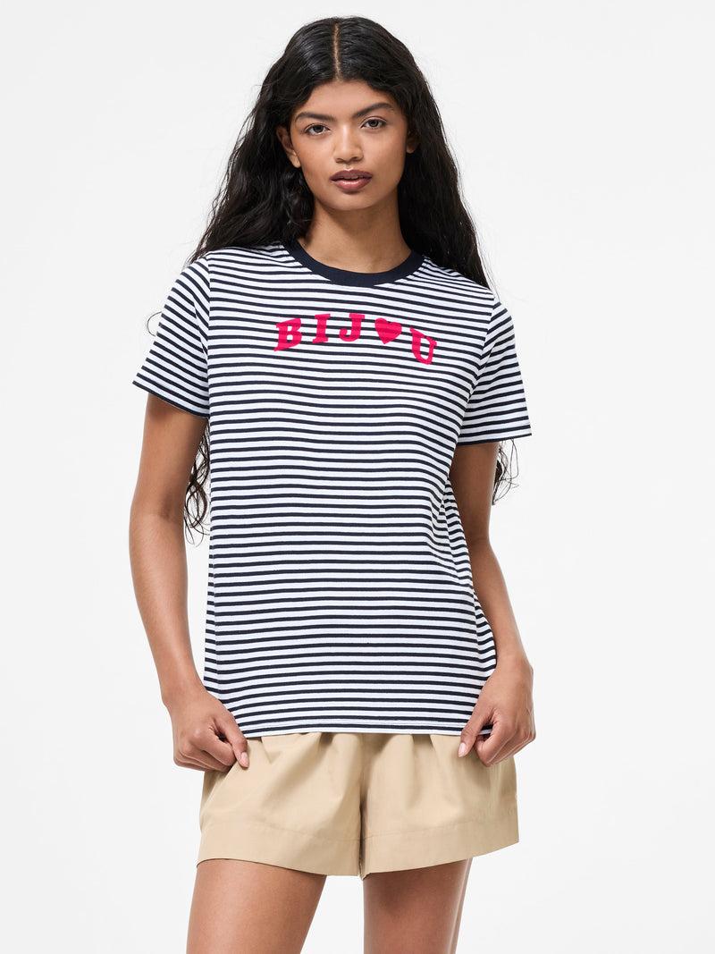french connection Bijou Stripe Graphic T-Shirt Midnight/White/Fusc