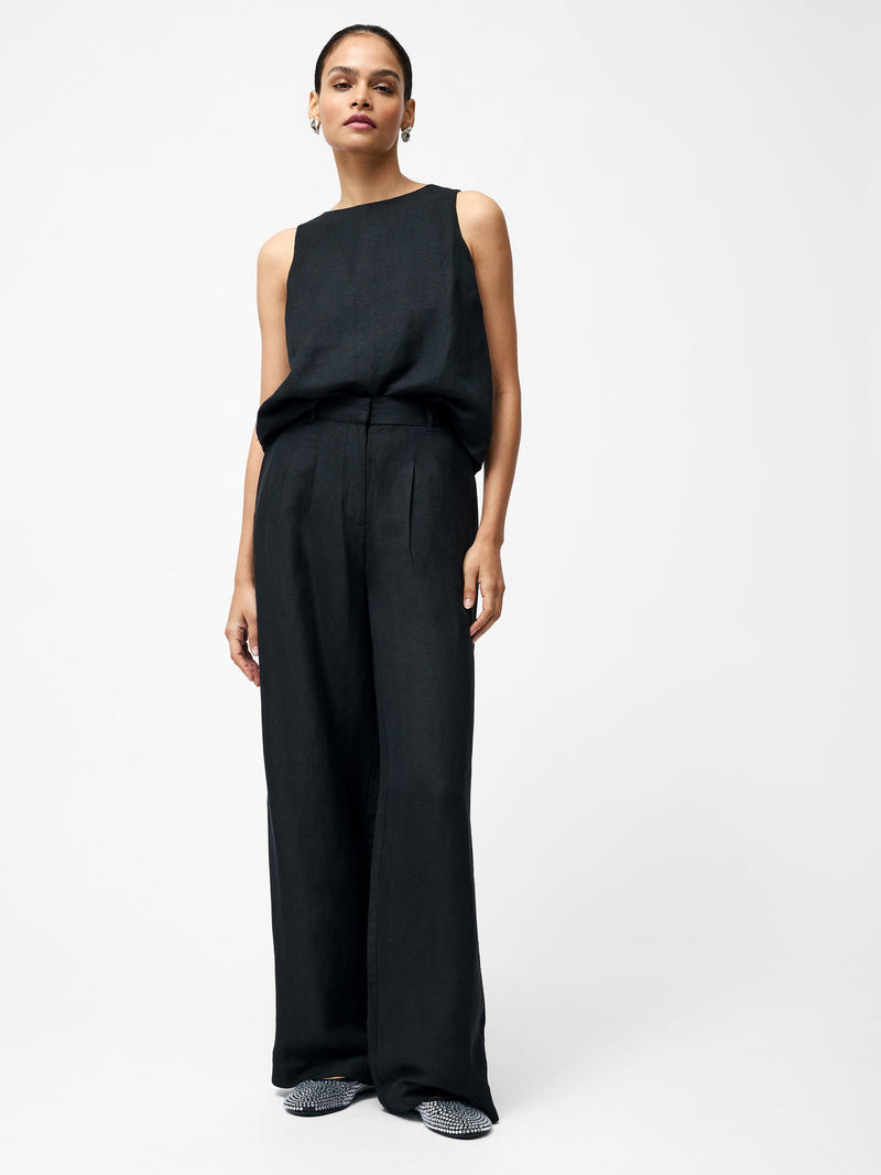French Connection Birdie Linen Wide Leg Trousers Black