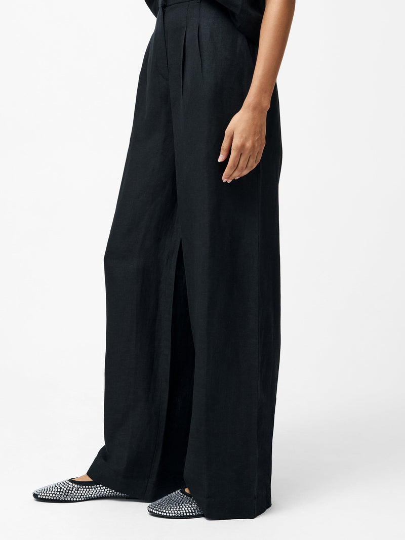 French Connection Birdie Linen Wide Leg Trousers Black