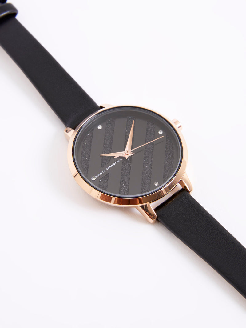 French Connection Black Leather Strap Watch With Black Glitter Dial Black