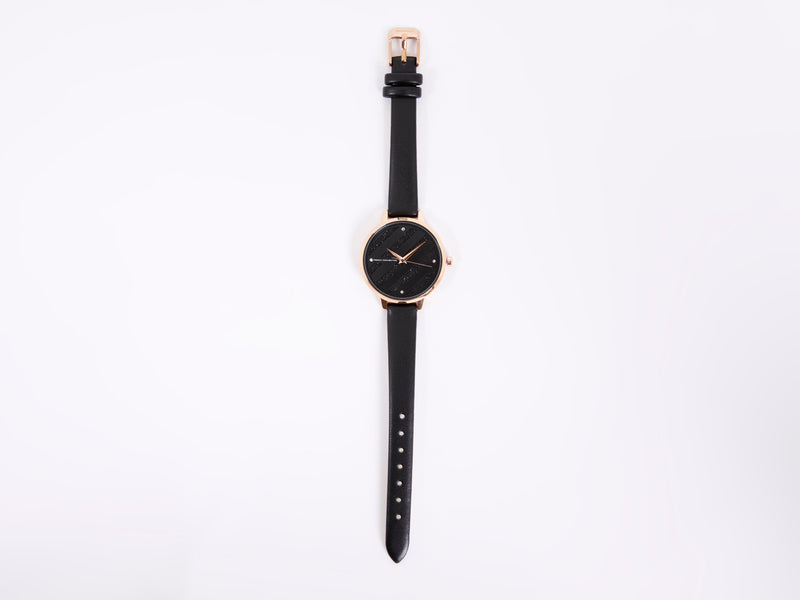 French Connection Black Leather Strap Watch With Black Glitter Dial Black