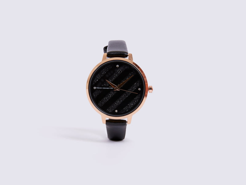 french connection Black Leather Strap Watch with Black Glitter Dial Black