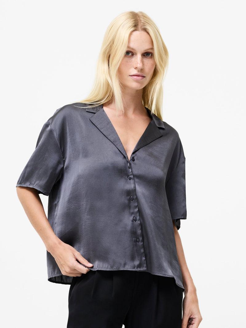 french connection Blaine Hammered Satin Short Sleeved Shirt Graphite