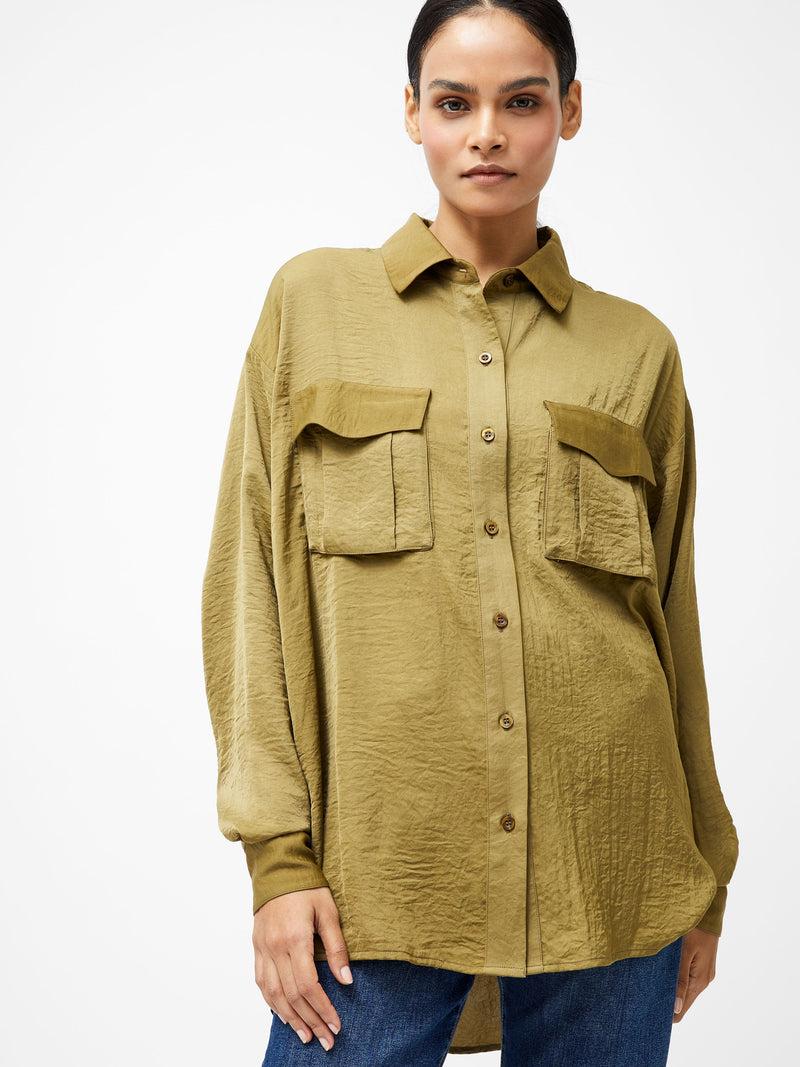 French Connection Blaine Satin Shirt Golden Olive Khaki