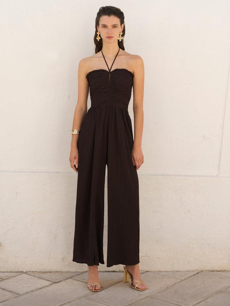 french connection Bonny Pleated Strappy Halterneck Jumpsuit Chocolate Torte