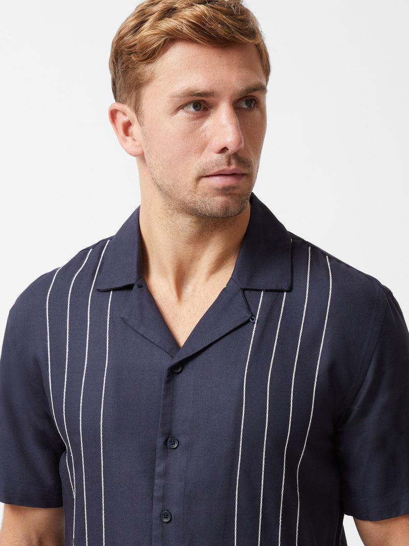 French Connection Border Chainstitch Revere Short Sleeve Shirt Navy