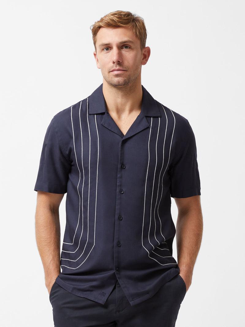 french connection Border Chainstitch Revere Short Sleeve Shirt Navy