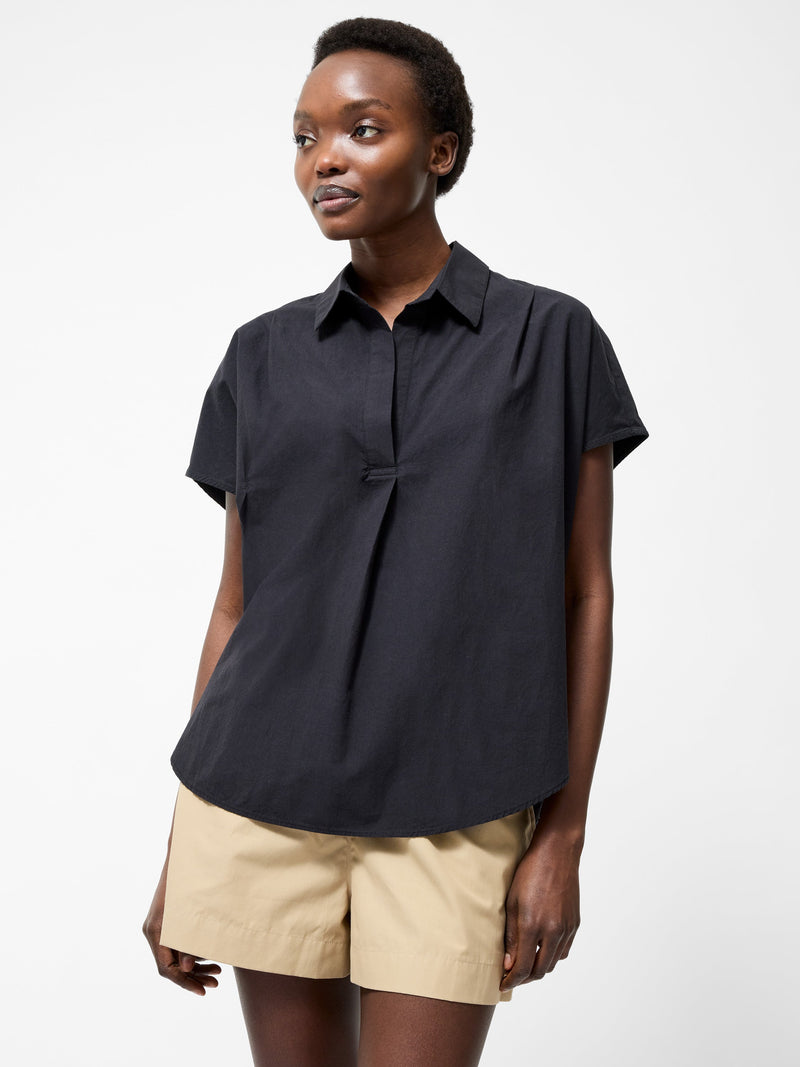 french connection Broderie Back Short Sleeve Popover Shirt Black