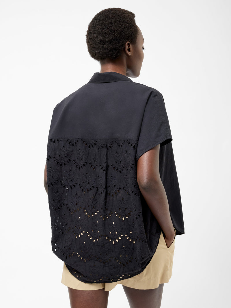 French Connection Broderie Back Short Sleeve Popover Shirt Black