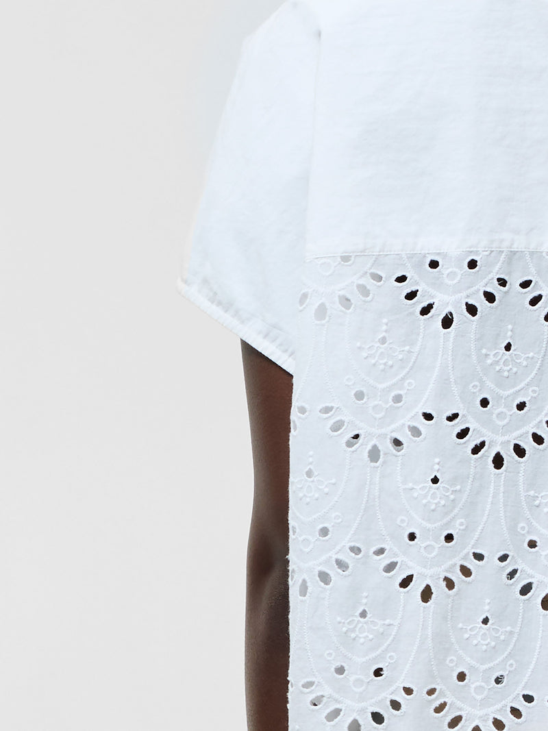 French Connection Broderie Back Short Sleeve Popover Shirt Linen White