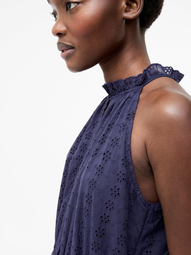 French Connection Broderie Halterneck Midi Dress Midnight