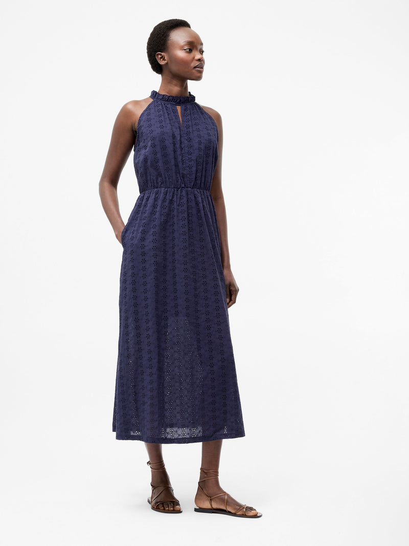 French Connection Broderie Halterneck Midi Dress Midnight