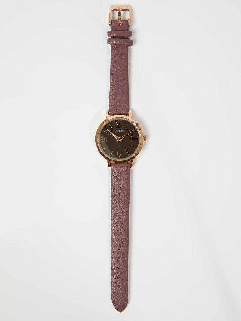 French Connection Brown Leather Strap Watch With Brown Dial Brown