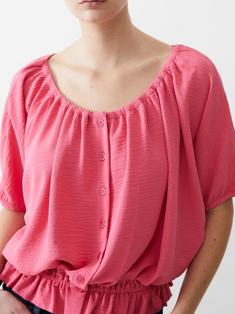 French Connection Button Crinkle Peasant Top Camellia