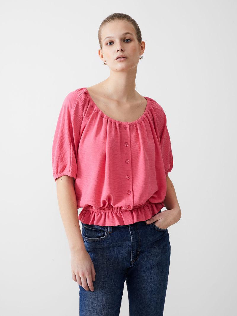 French Connection Button Crinkle Peasant Top Camellia