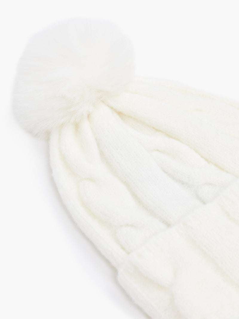 French Connection Cable Knit Pom-Pom Beanie Winter White
