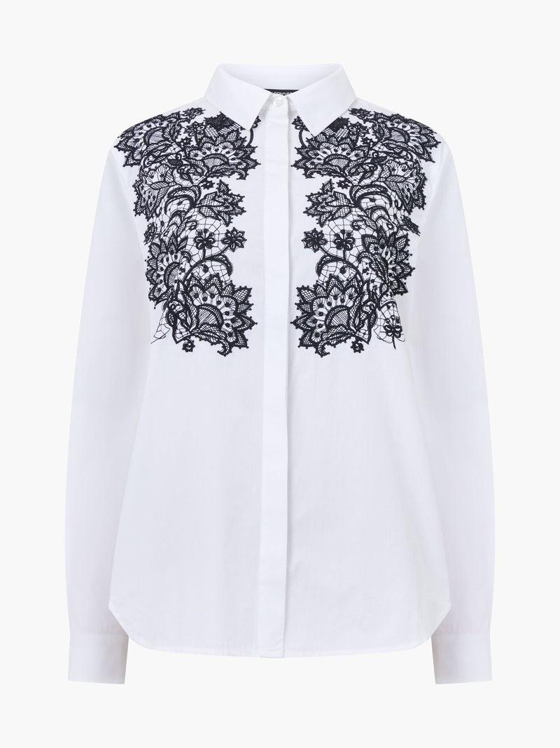 French Connection Cambria Contrast Floral Embroidered Shirt Linen White/Black