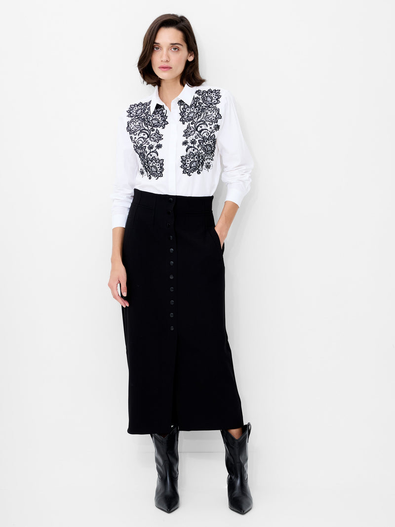 French Connection Cambria Contrast Floral Embroidered Shirt Linen White/Black