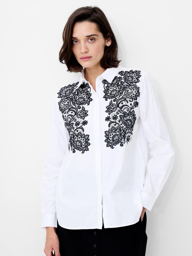french connection Cambria Contrast Floral Embroidered Shirt Linen White/Black