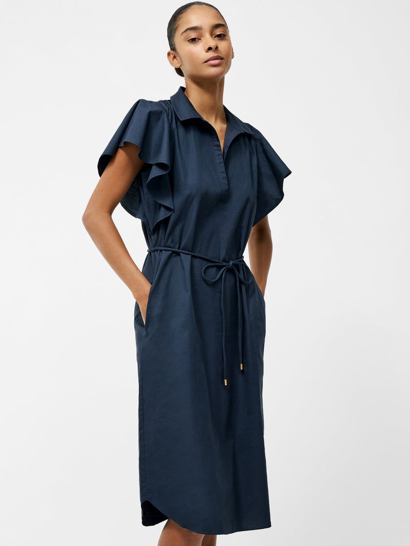 French Connection Cambria Cotton Belted Midi Dress Navy