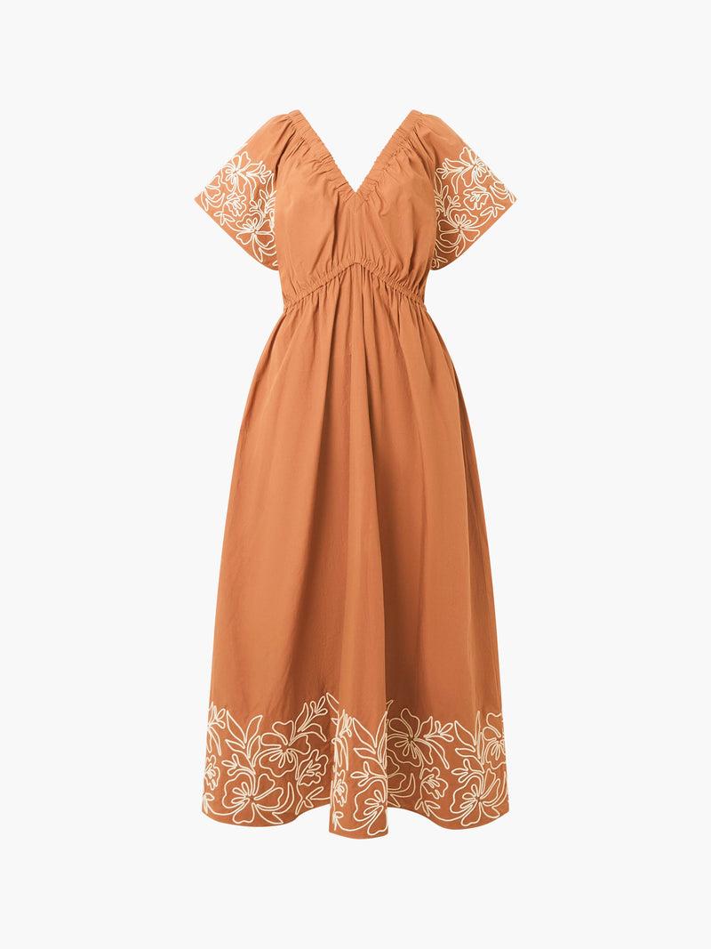 French Connection Cambria Cotton Embroidered Dress Coffee Brown