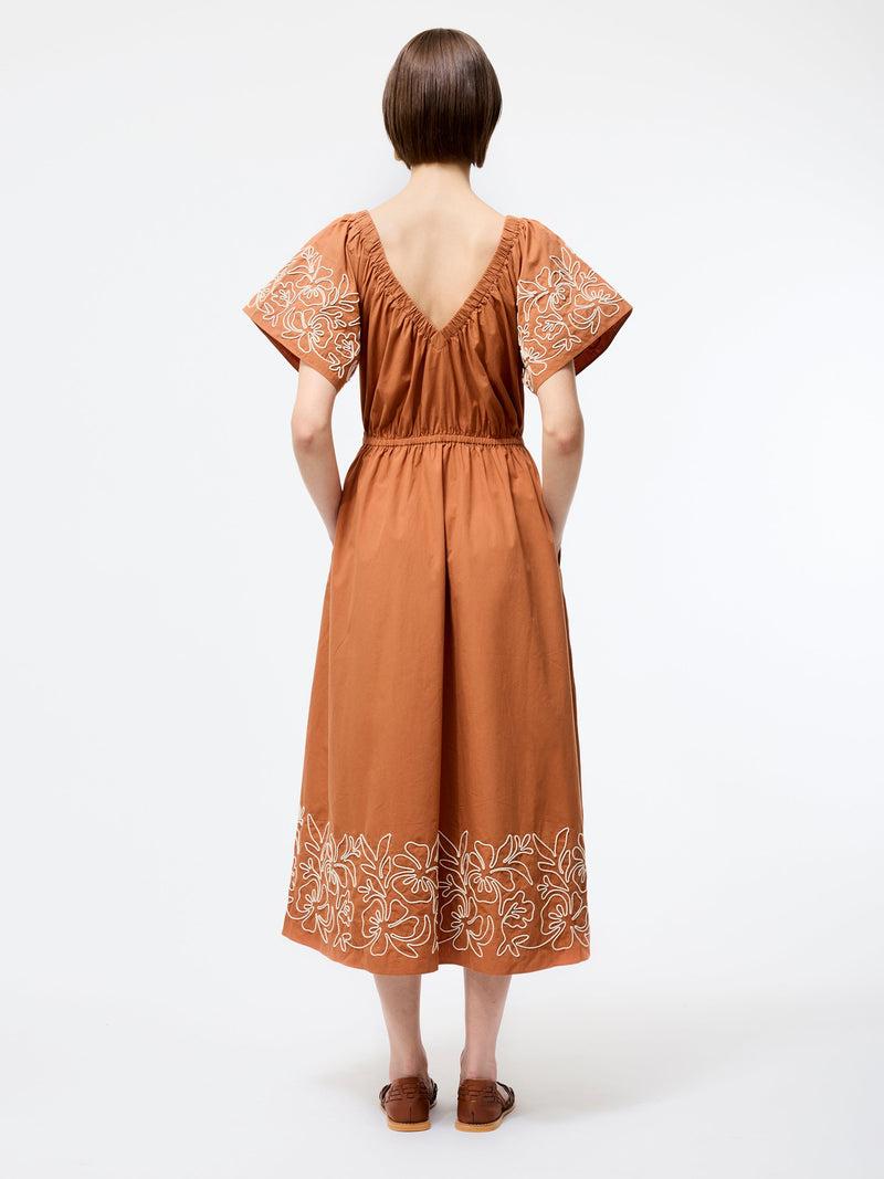 French Connection Cambria Cotton Embroidered Dress Coffee Brown