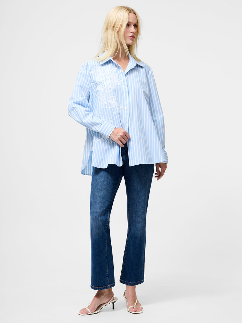 French Connection Cambria Cotton Embroidered Floral Stripe Shirt Arctic Blue/Linen White