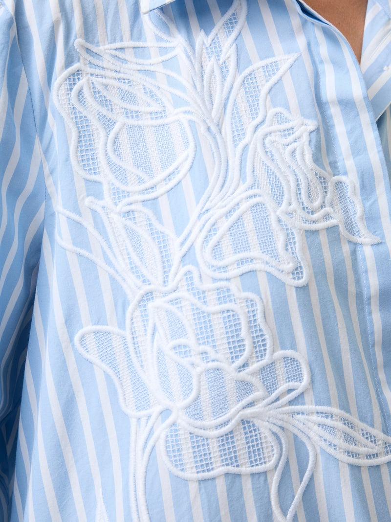 French Connection Cambria Cotton Embroidered Floral Stripe Shirt Arctic Blue/Linen White