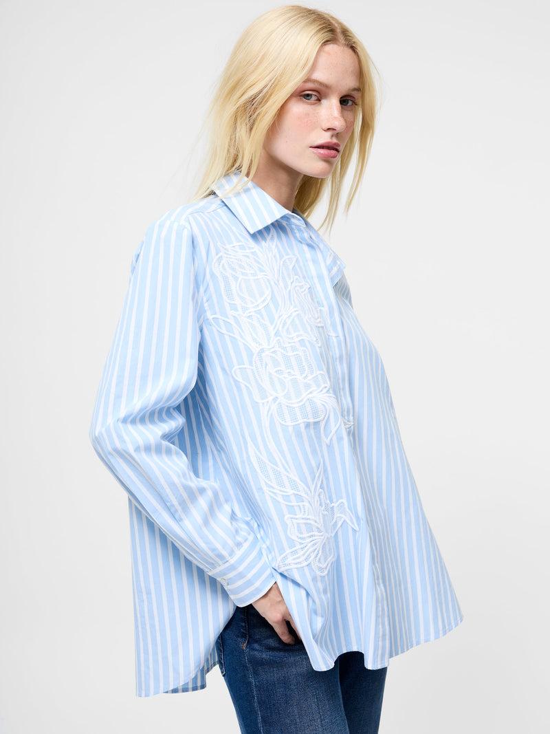 french connection Cambria Cotton Embroidered Floral Stripe Shirt Arctic Blue/Linen White
