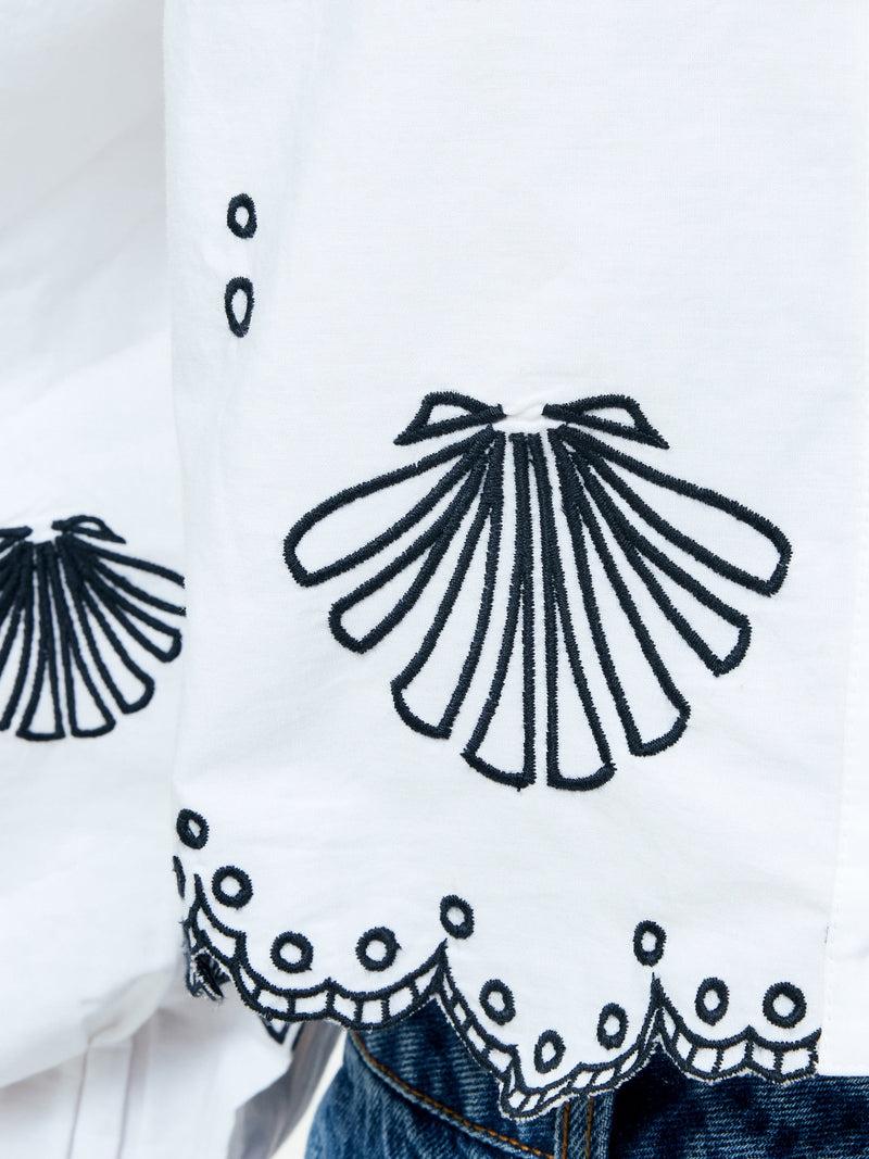 French Connection Cambria Cotton Embroidered Long Sleeve Shirt Linen White/Navy