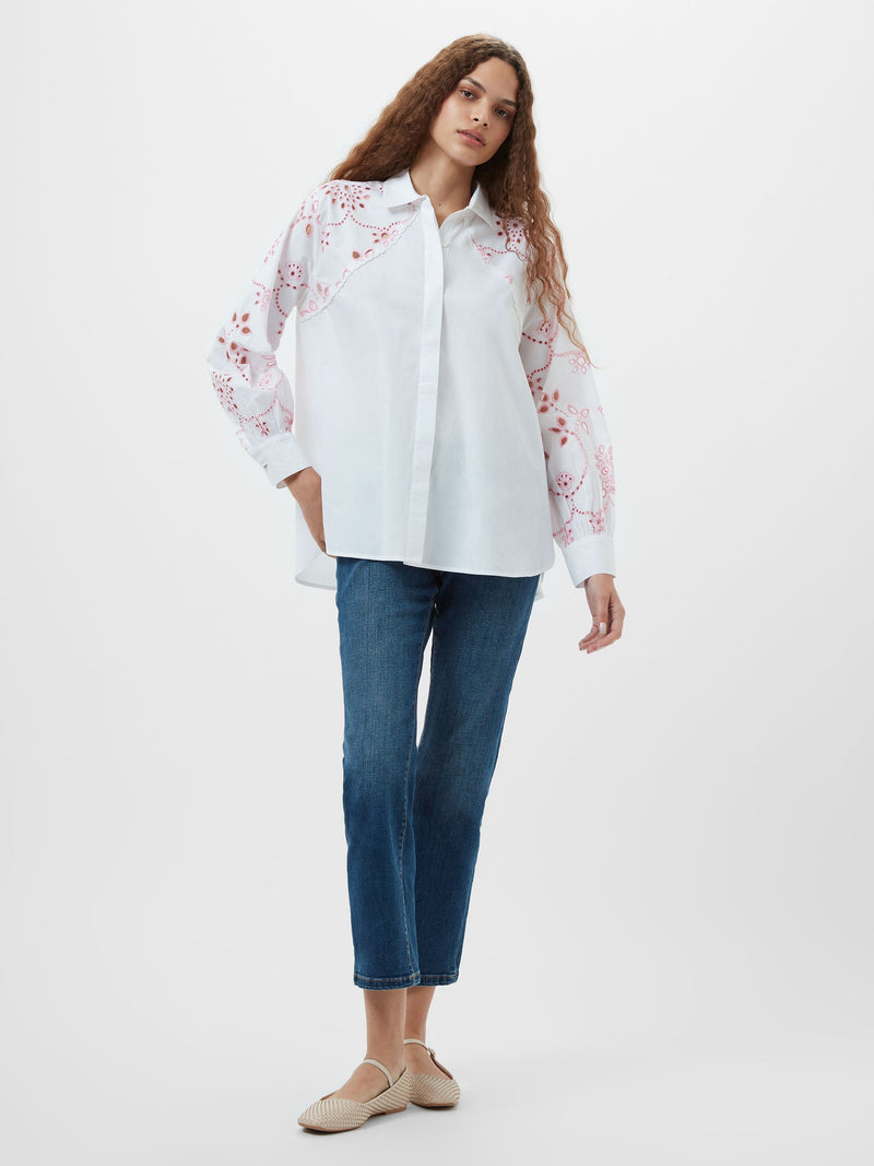 French Connection Cambria Cotton Embroidered Long Sleeve Shirt Linen White/Bubblegum