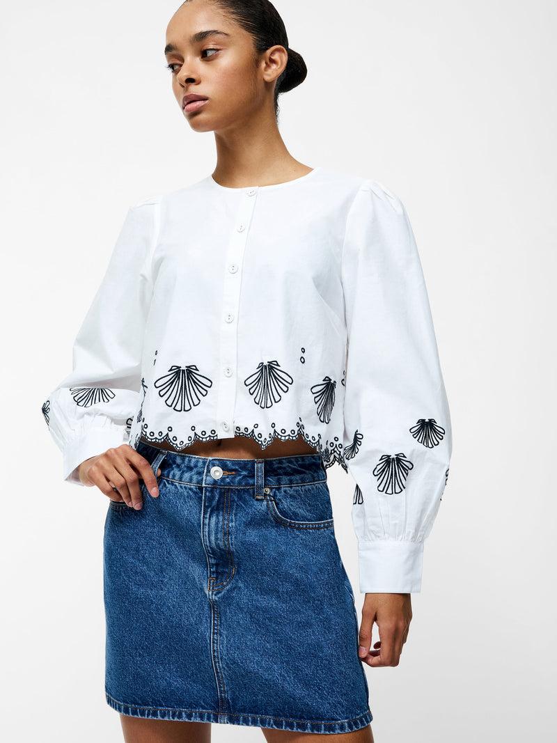 French Connection Cambria Cotton Embroidered Long Sleeve Shirt Linen White/Navy