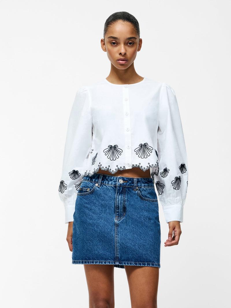 french connection Cambria Cotton Embroidered Long Sleeve Shirt Linen White/Navy