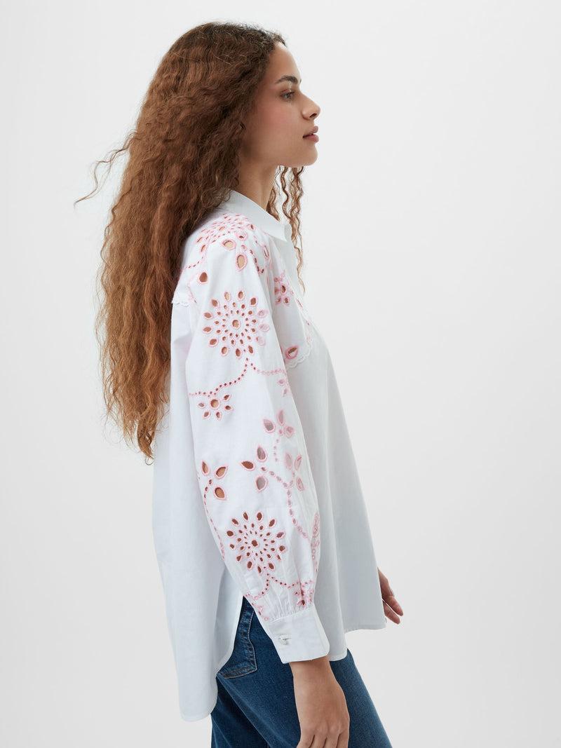 french connection Cambria Cotton Embroidered Long Sleeve Shirt Linen White/Bubblegum