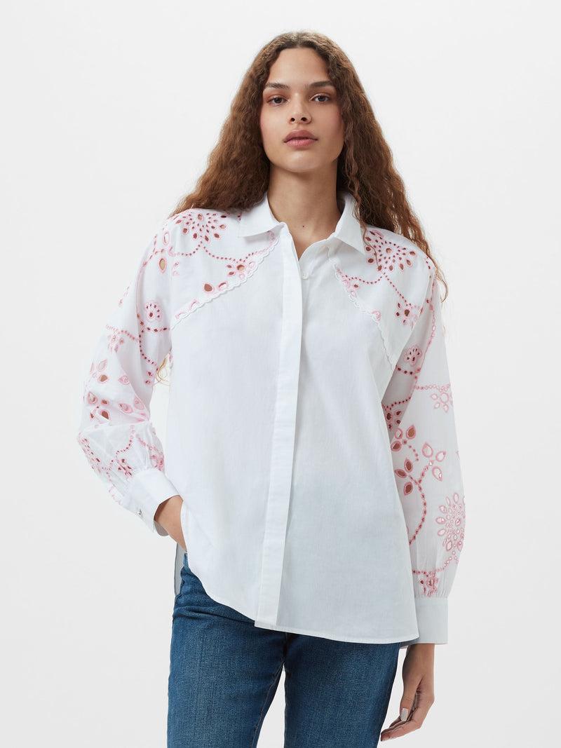 French Connection Cambria Cotton Embroidered Long Sleeve Shirt Linen White/Bubblegum