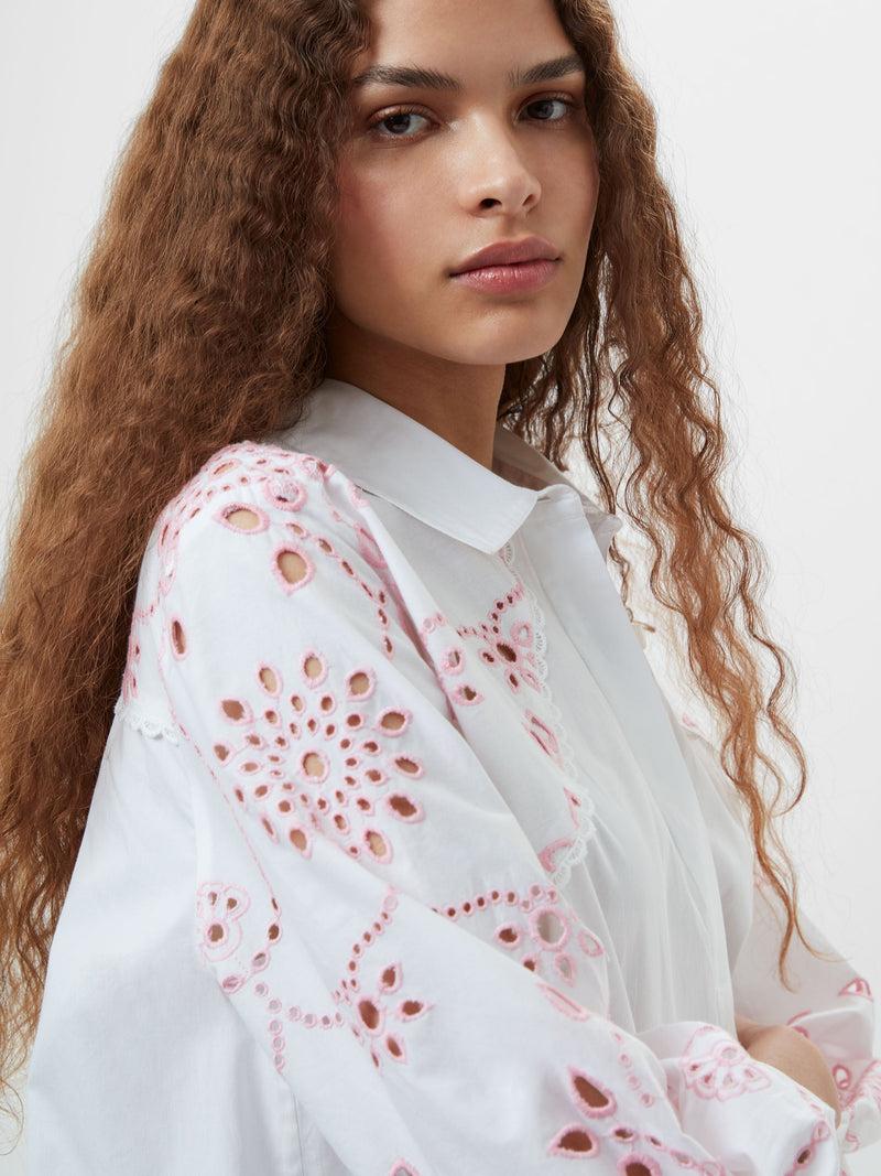 French Connection Cambria Cotton Embroidered Long Sleeve Shirt Linen White/Bubblegum