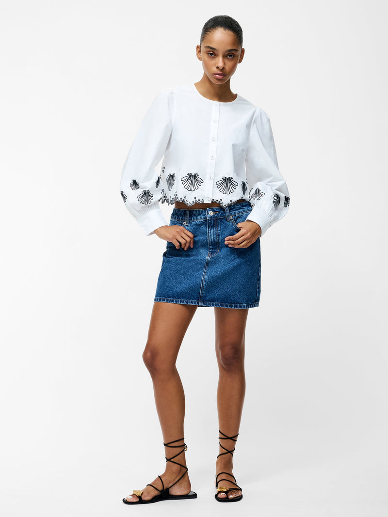 French Connection Cambria Cotton Embroidered Long Sleeve Shirt Linen White/Navy
