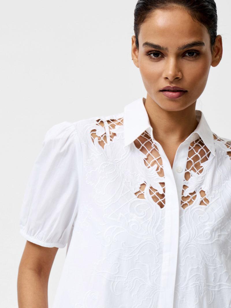 French Connection Cambria Cotton Embroidered Shirt Dress Linen White