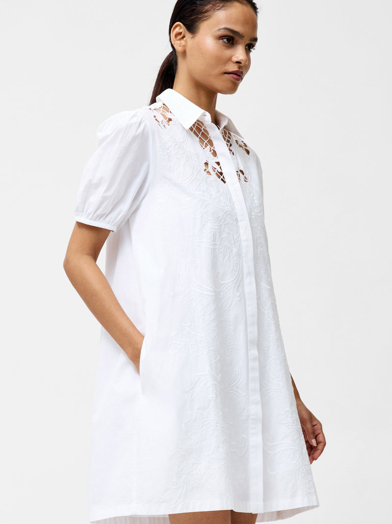 French Connection Cambria Cotton Embroidered Shirt Dress Linen White